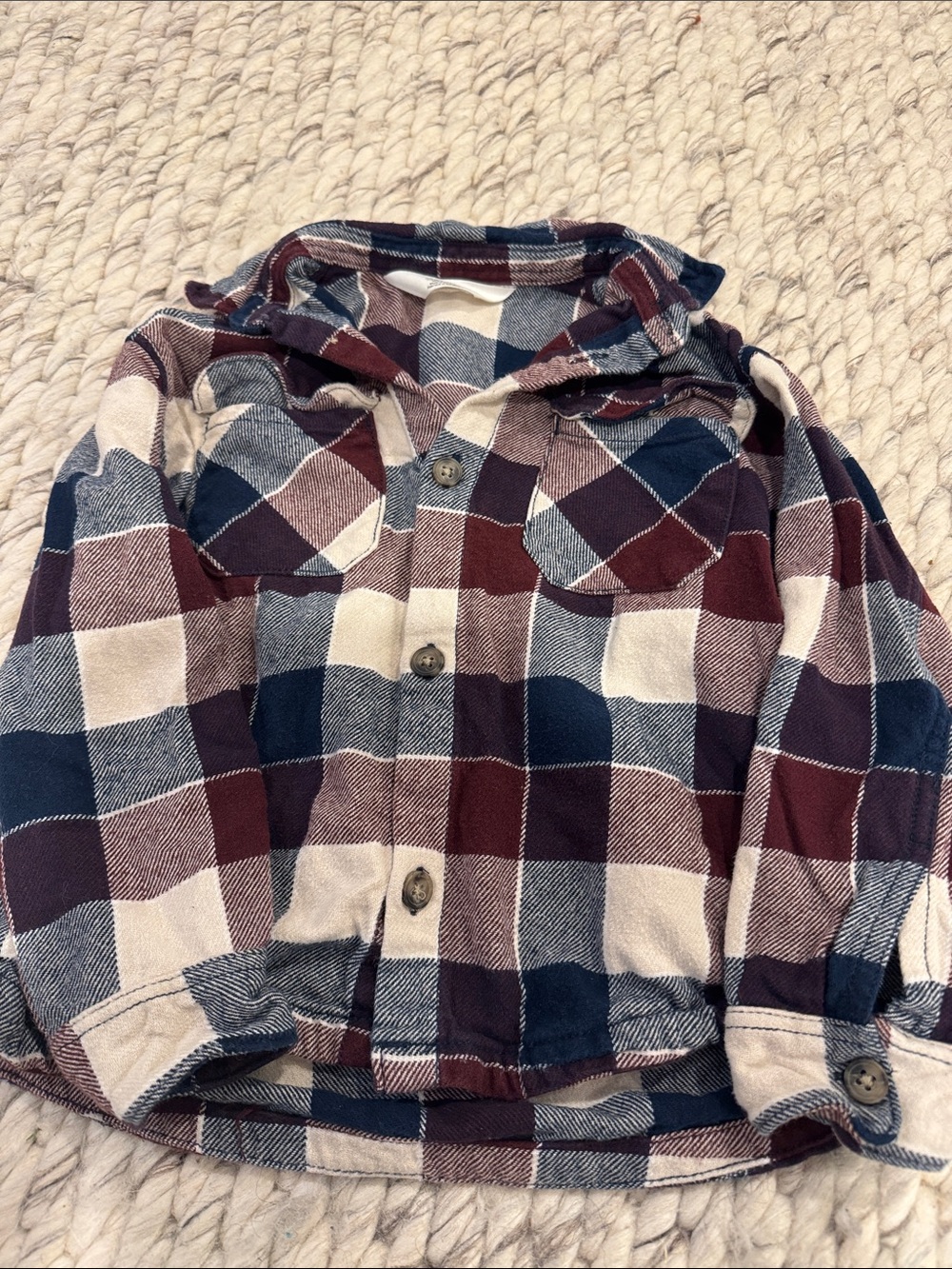 H&M Cream, Navy & Burgundy Plaid Hooded Flannel Shirt